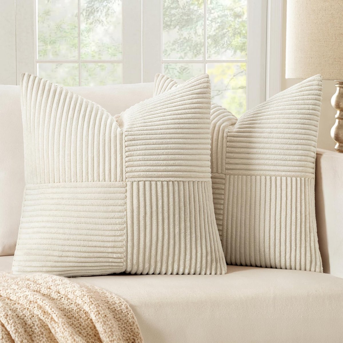 Omgoods - Set van 2 Corduroy Kussenhoezen 50 x 50 cm - Crème Wit