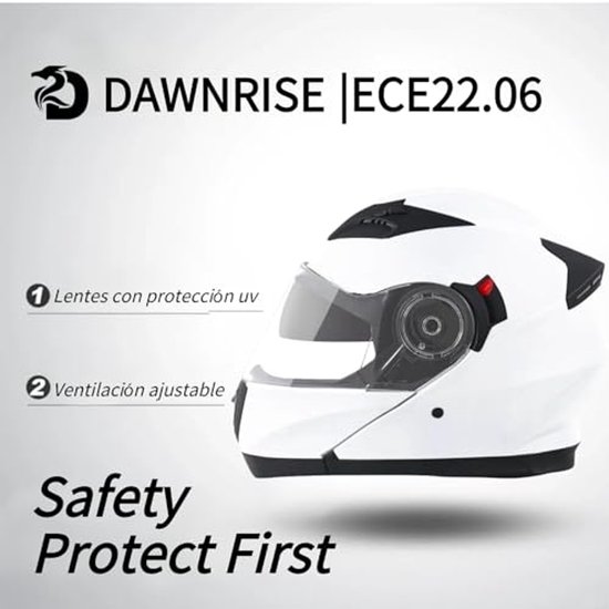 Witte systeemhelm met DAWNRISE logo, ECE 22.06 certificering, UV-lenzen en verstelbare ventilatie.