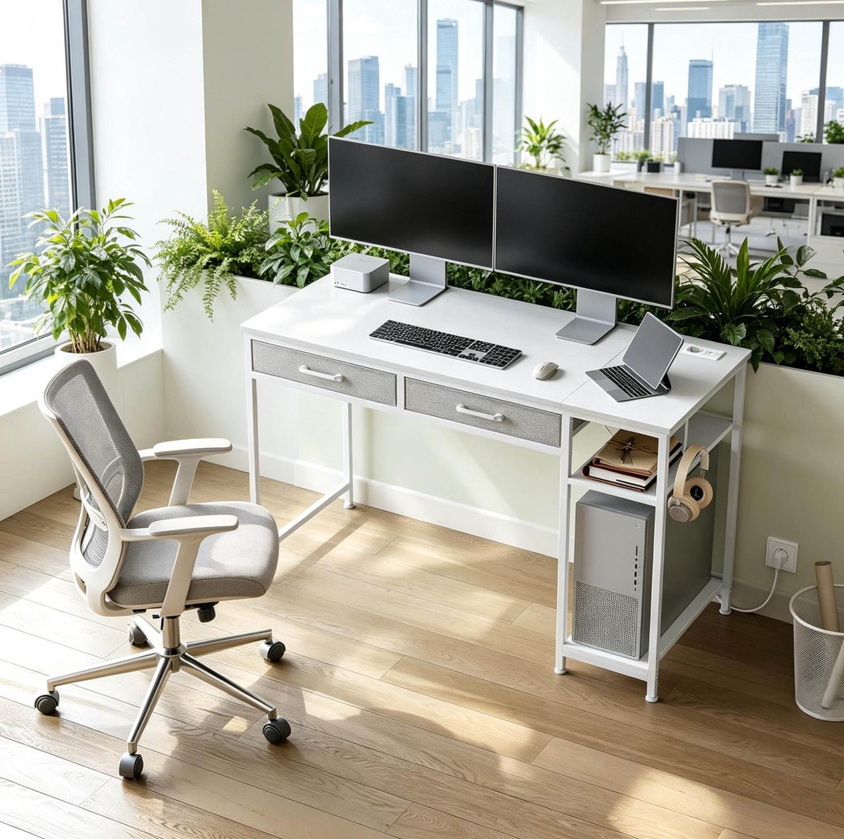 FloraGrace Bureau - Bureau Met Lades En Zijplank - Voor Woonkamer, Slaapkamer En Werkkamer - Hout En Metaal - Wit - 120 X 51 X 75 Cm