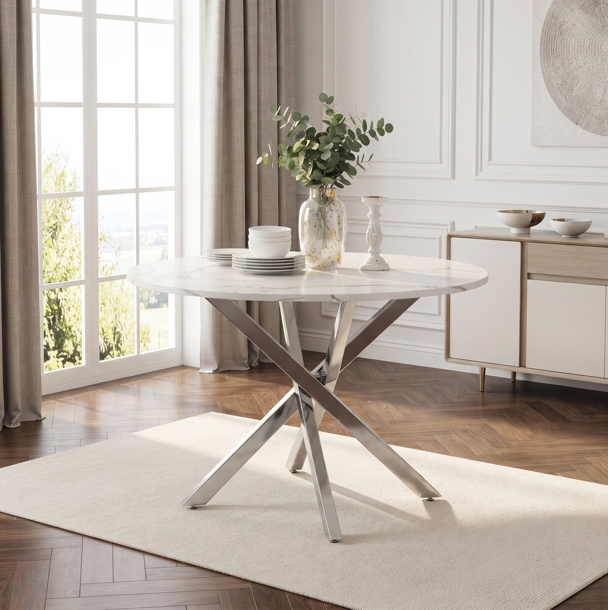 FloraGrace Eettafel - Ronde Tafel Met Marmerlook Blad En X-Poot - Voor Eetkamer En Keuken - MDF En Metaal - 80x80x75 Cm - Wit Zilver