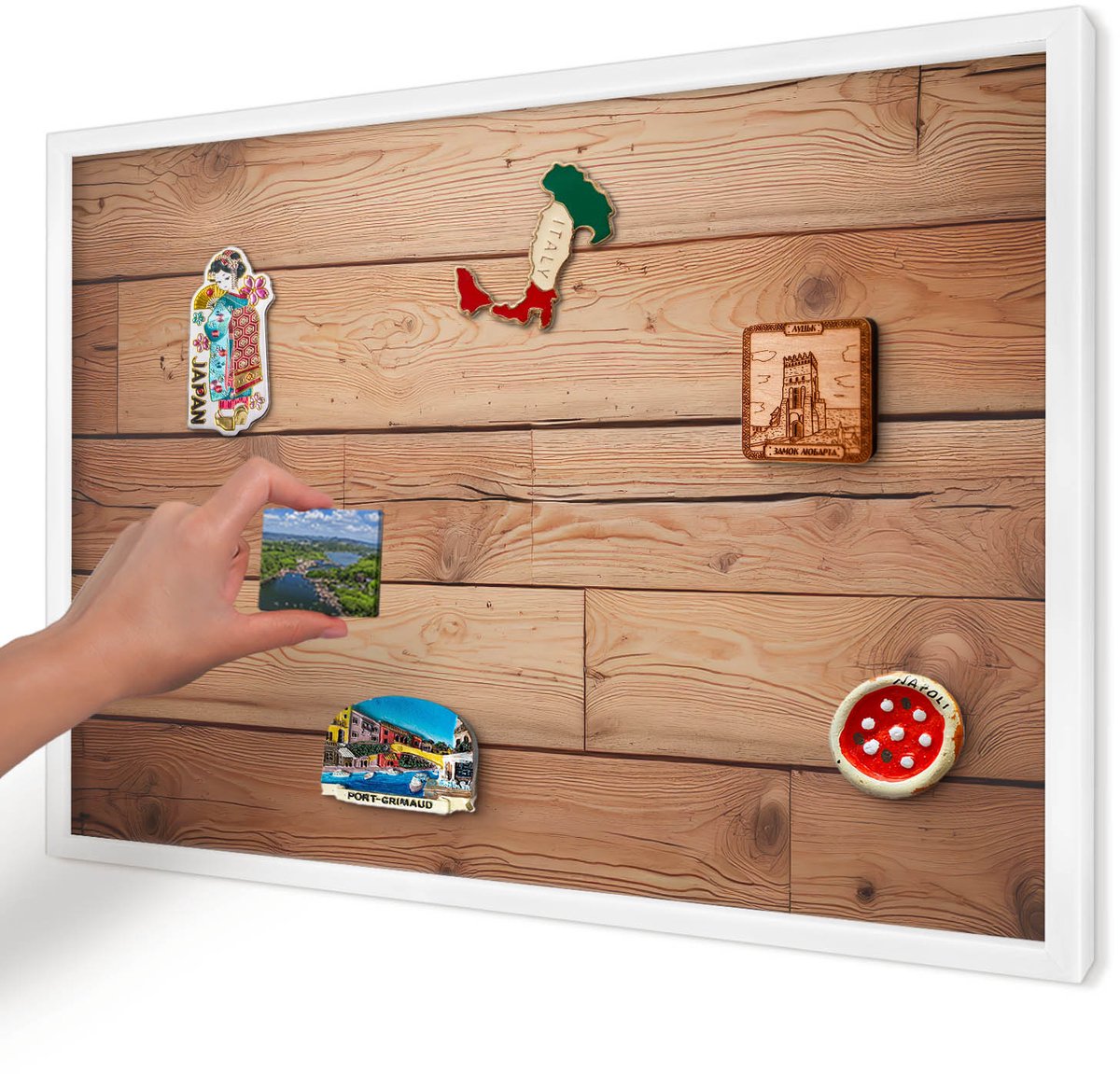 Artprintcave Bruin Magneetbord mit Witte Lijst - 60x40 cm - Houten Planken Magneetbord Voor Foto's - Rustiek Magneetbord Voor Keuken - Texturen