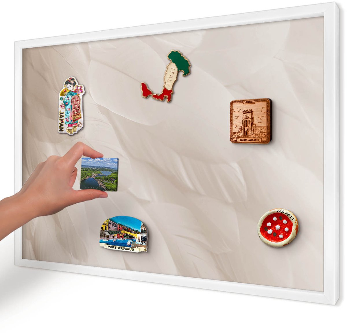 Artprintcave Romig Magneetbord mit Witte Lijst - 60x40 cm - Crèmekleurige Veren Magneet Bord mit Frame - Minimalist Magnetisch Bord - Texturen