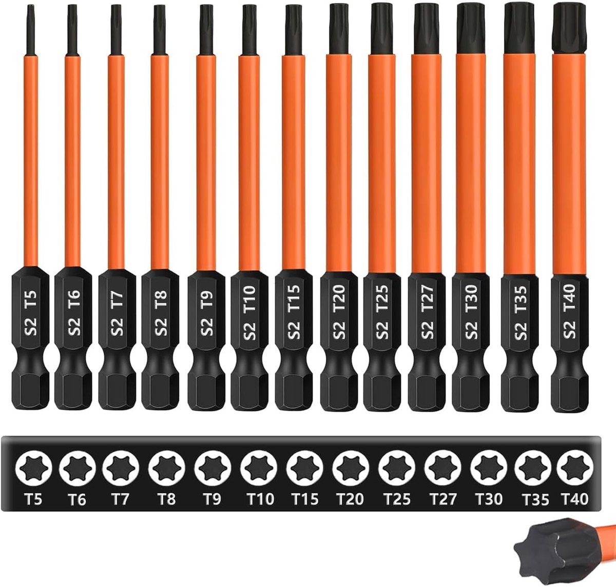 SnelShoppen - Torx Bit Set 13 Stuks, 75 mm Lange Torx Schroevendraaier Bits (T5-T40), 1/4 Inch Hex Schacht, S2 Staal, Magnetische Torx Bits voor Accus