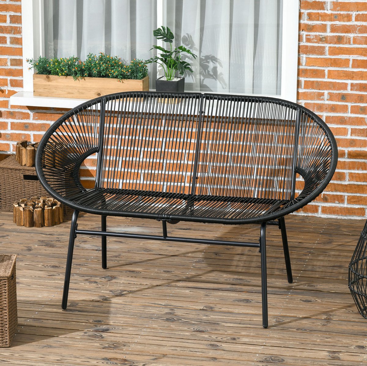 COVREO Tuinbank 132x72x83 cm zwart, PE-rattan met staalframe 2-zits