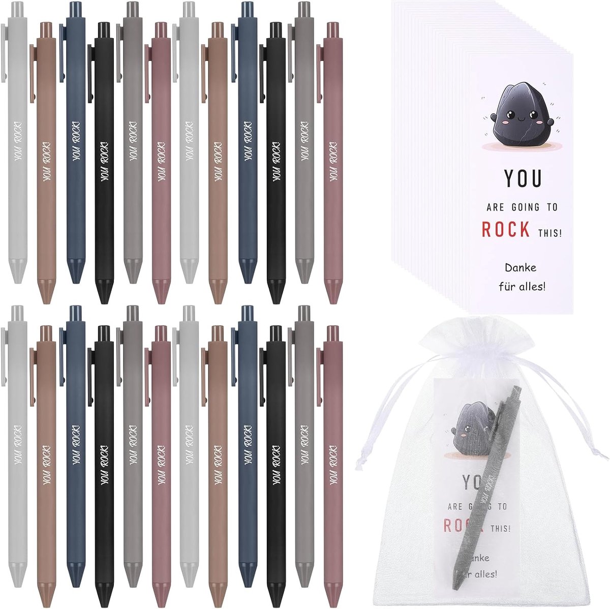 SnelShoppen - 24 Balpen met Motivatiekaarten en Organza Zakjes - Perfecte Bedankjes voor Collega's - Vrolijke Kleurenset - Ideaal voor Thanksgiving en