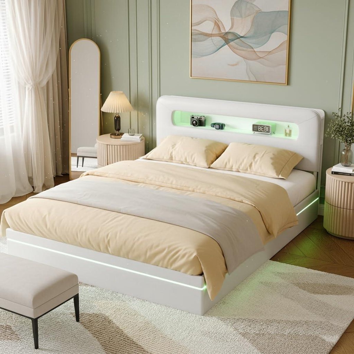 Gestoffeerd Tweepersoonsbed - Bed met Opbergruimte - Moderne Slaapkamer - Hydraulisch Hefmechanisme - 140 x 200 cm - Beige