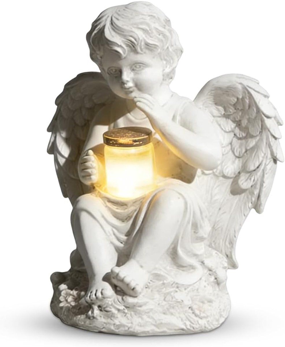 SnelShoppen - Zonnige Tuinstandbeeld Engeltje voor Jongens, Weerbestendige Praying Angel met LED Lichten, Zonne-energie Tomb Lichten, Buitendecoratie