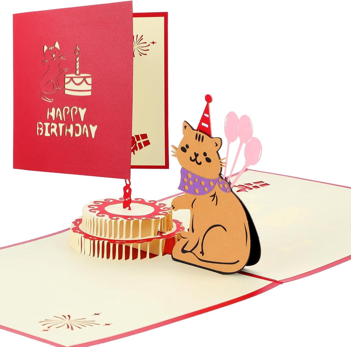 SnelShoppen - Unieke 3D Pop-up Kaart Verjaardag, Grappige Kat Verjaardagskaart voor Kinderen en Kat Liefhebbers, Creatieve Kaart voor Feest, Rood
