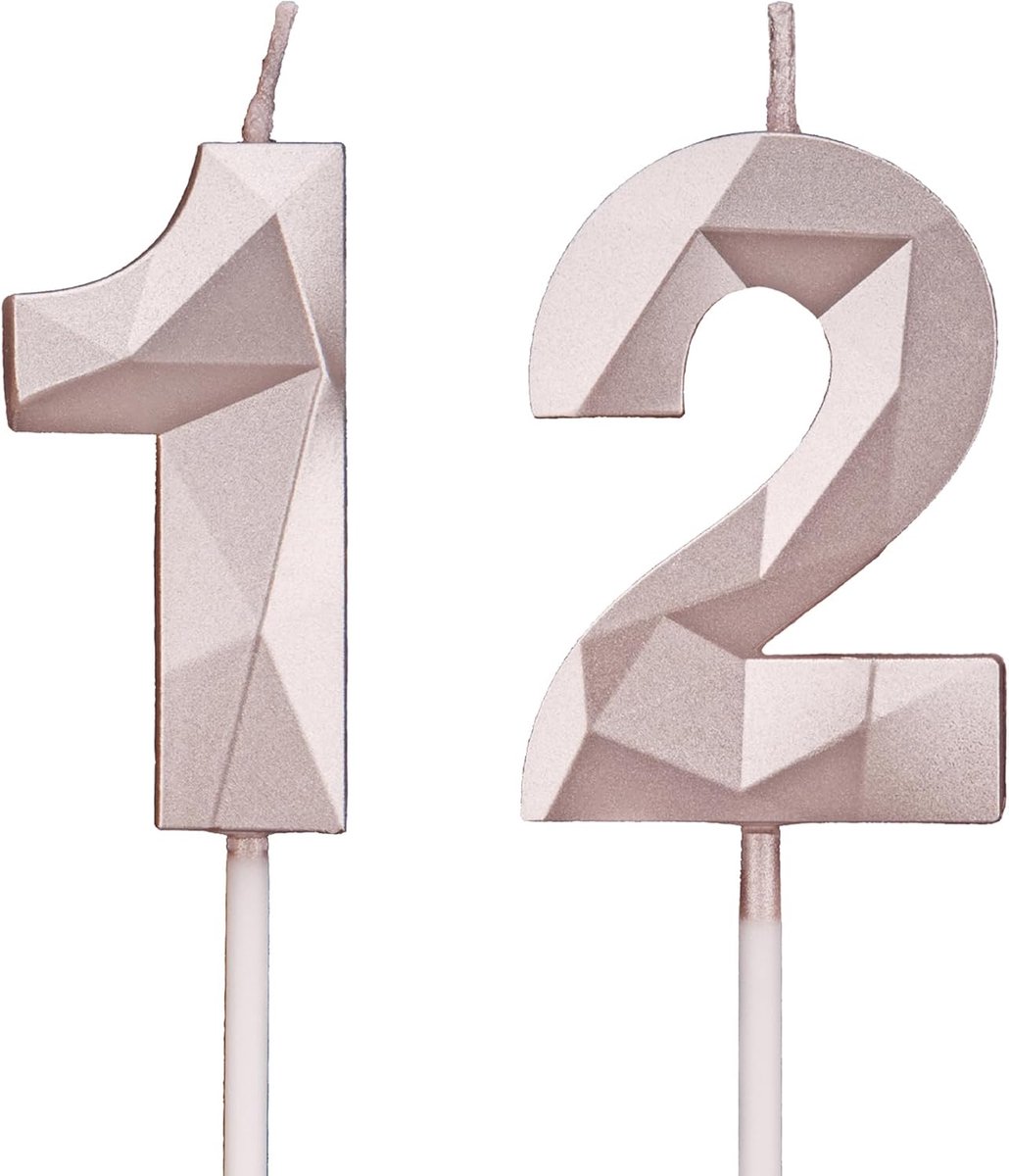 SnelShoppen - 12e Verjaardagskaarsen, Roségouden Cijferkaarsen, Verjaardagsdecoratie Taarttoppers, Handgemaakte Glitter Kaarsen voor Feesten, Bruiloft