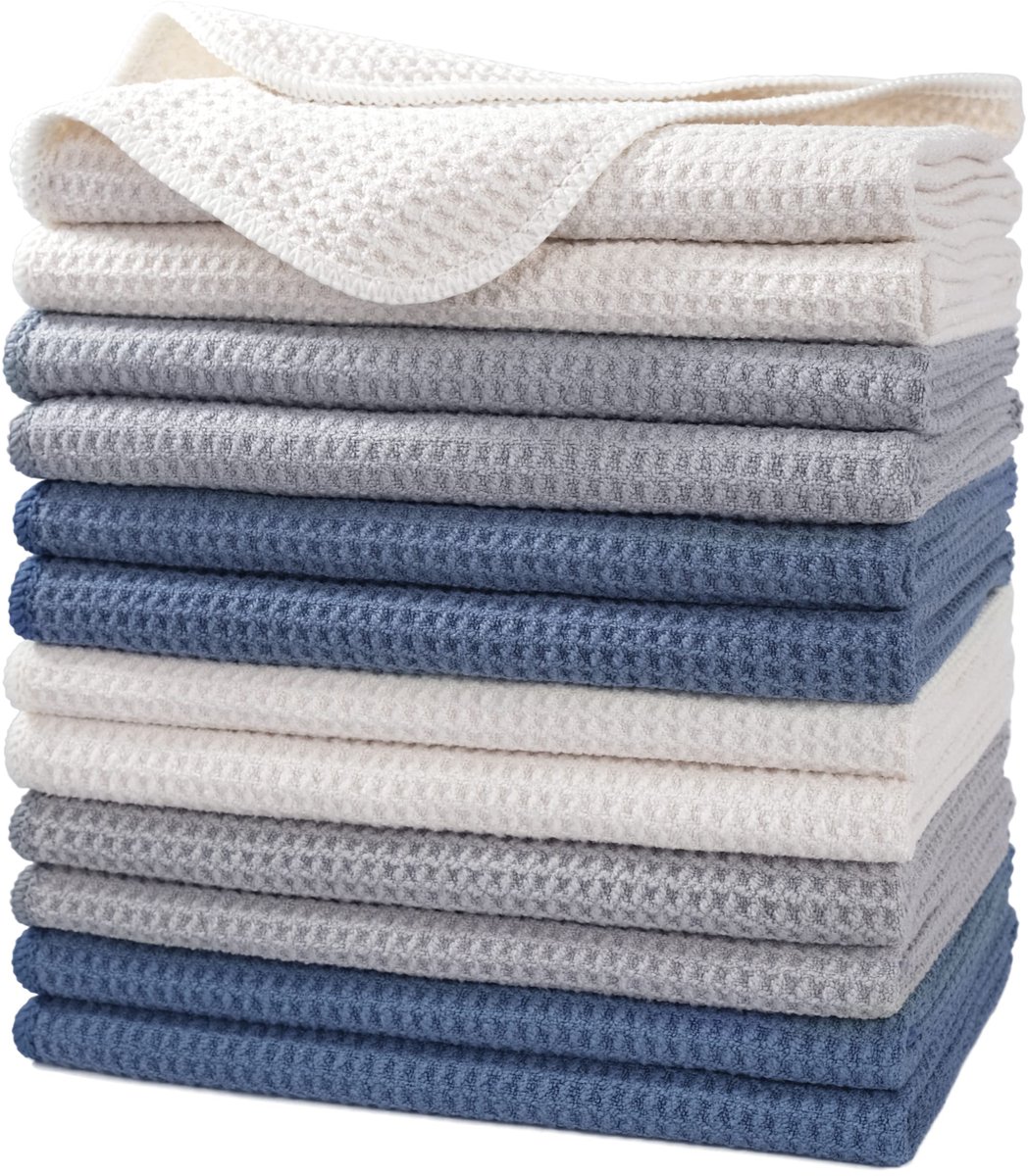 Omgoods - Premium Microvezel Keukenhanddoeken - Wafelpatroon - Pack van 12 - Donkerblauw, Grijs, Off White