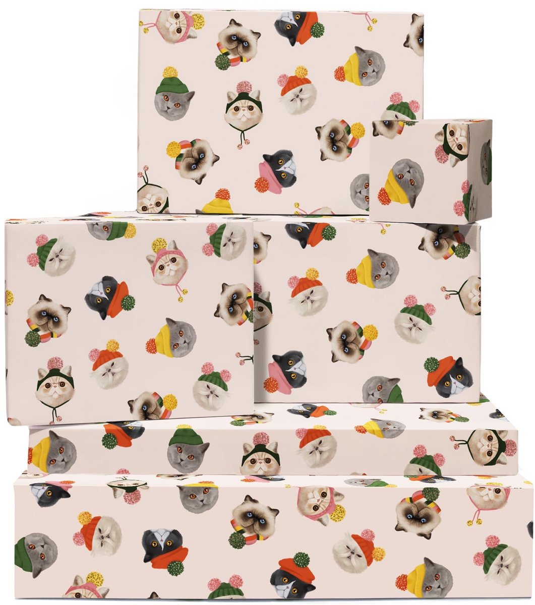 Omgoods - Kerstinpakpapier met Katten in Hoeden voor Feestelijke Gelegenheden