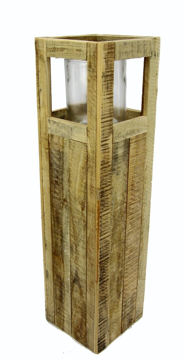 Omgoods - Houten Lantaarn met Glazen Inlay Antiek Bruin