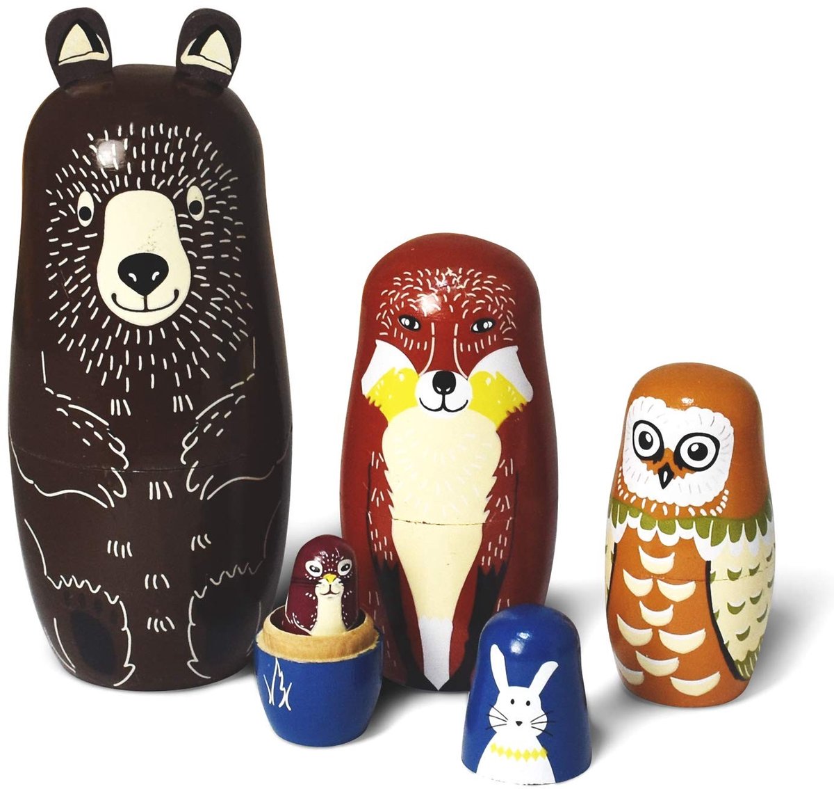 Omgoods - Set van 5 Matryoshka Poppen met Dieren Themapatroon voor Kinderen