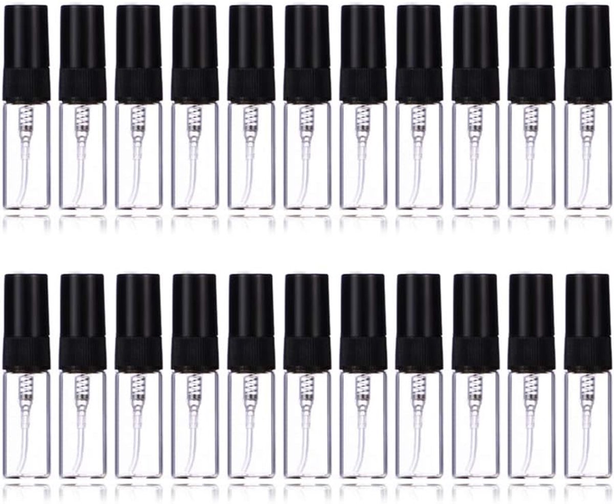 Verstuivers, Mini, lege, transparante, hervulbare glazen verstuivers in reisformaat, 35 stuks (3 ml, zwart)