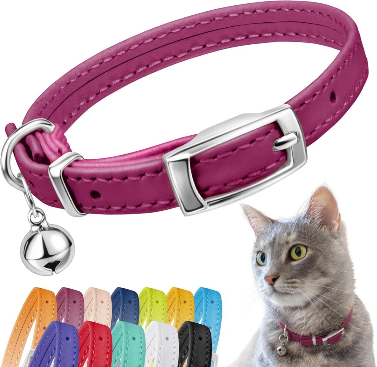 Lederen kattenhalsband, veiligheidskraag voor katten met elastische band, kattenhalsband voor kat met bel, zwart, blauw, rood, oranje, limoengroen (nekmaat 6"-7", roze)