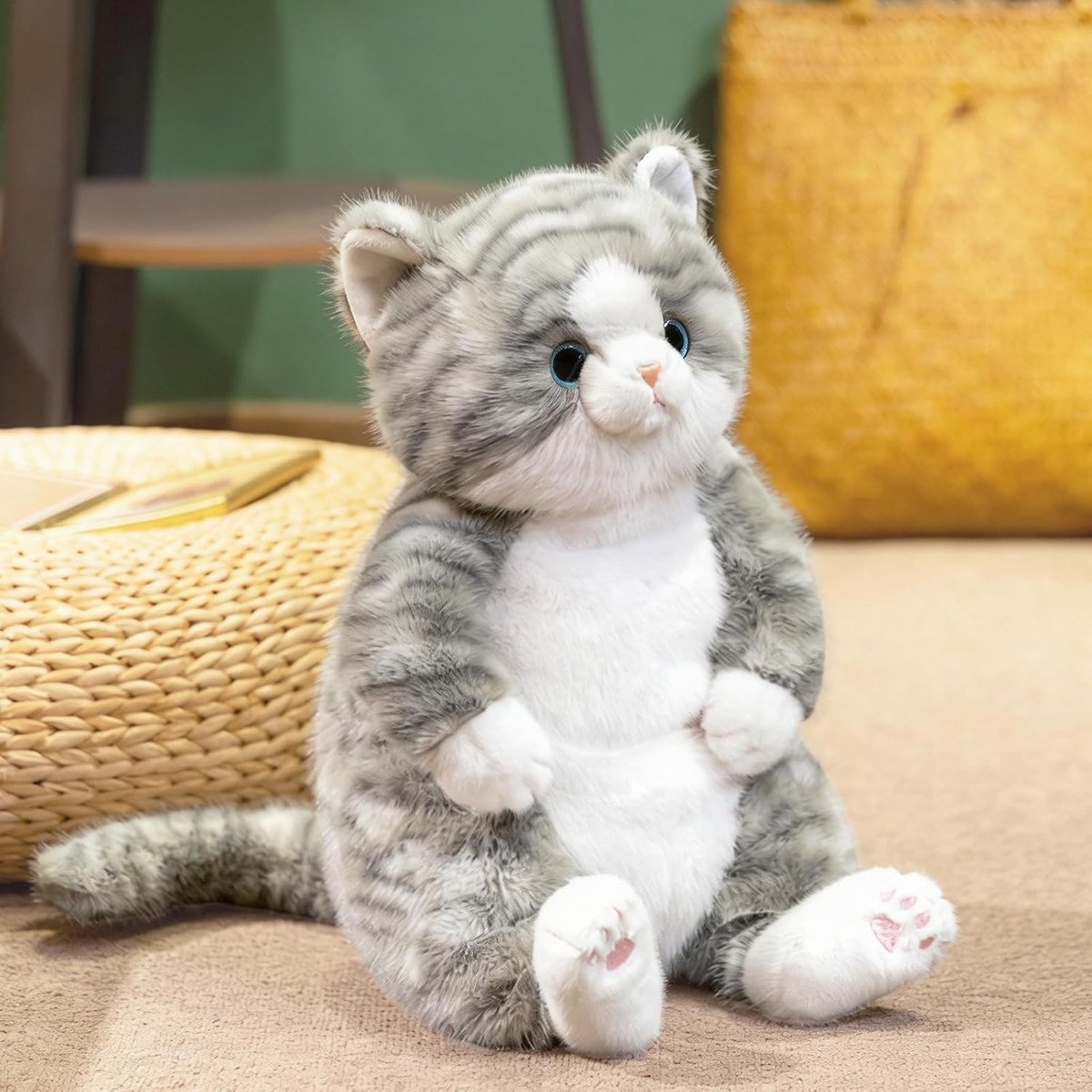 shownicer Knuffeldier, zittende pluche kat, 45 cm, simulatie kort haar, schattig, elegante kat, zachte stoffen stropdas, decoratief kussen, geschenken voor kinderen, volwassenen, vrienden (grijs, 45