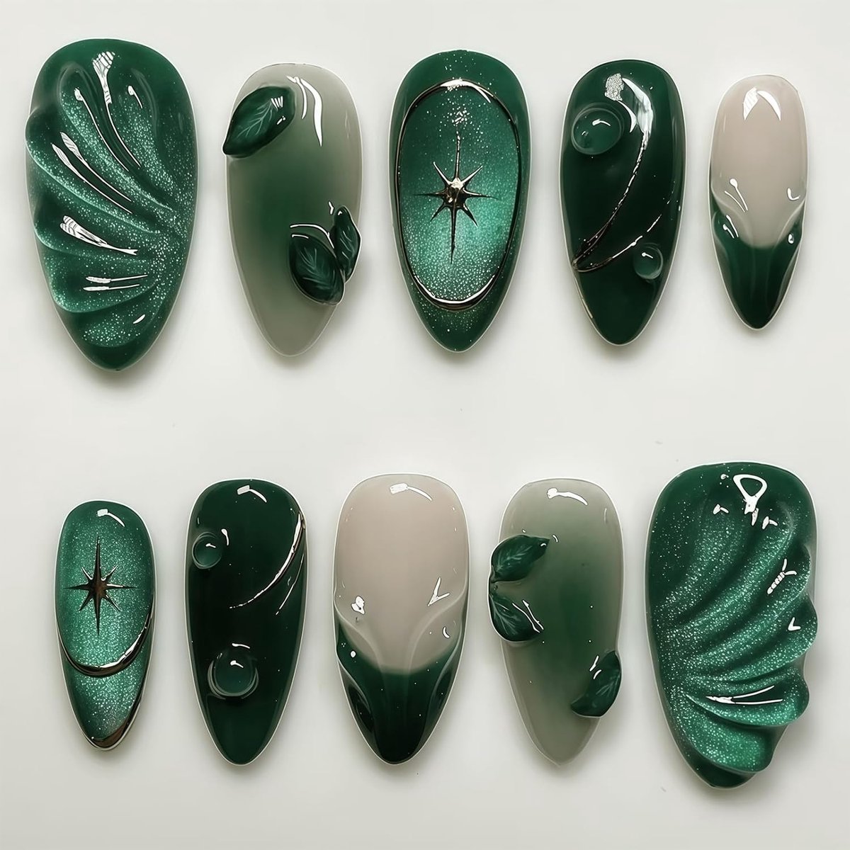 24 donkergroene Press-on nagels, medium amandel Franse nepnagels met sterontwerp voor feesten, vakantie en dagelijkse gebruik voor vrouwen