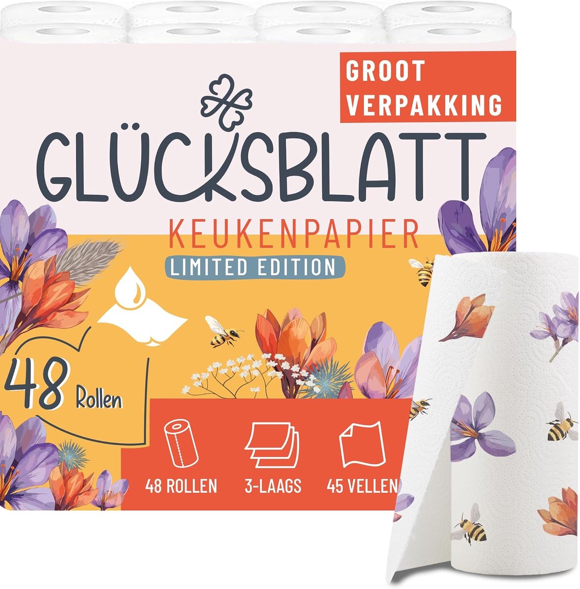 SnelShoppen - Keukenpapier 48 Rollen 45 Vellen 3-Laags 100% Cellulose Duurzaam en Absorberend met Gedrukte Ontwerpen voor Huishouden, Feest en Keuken
