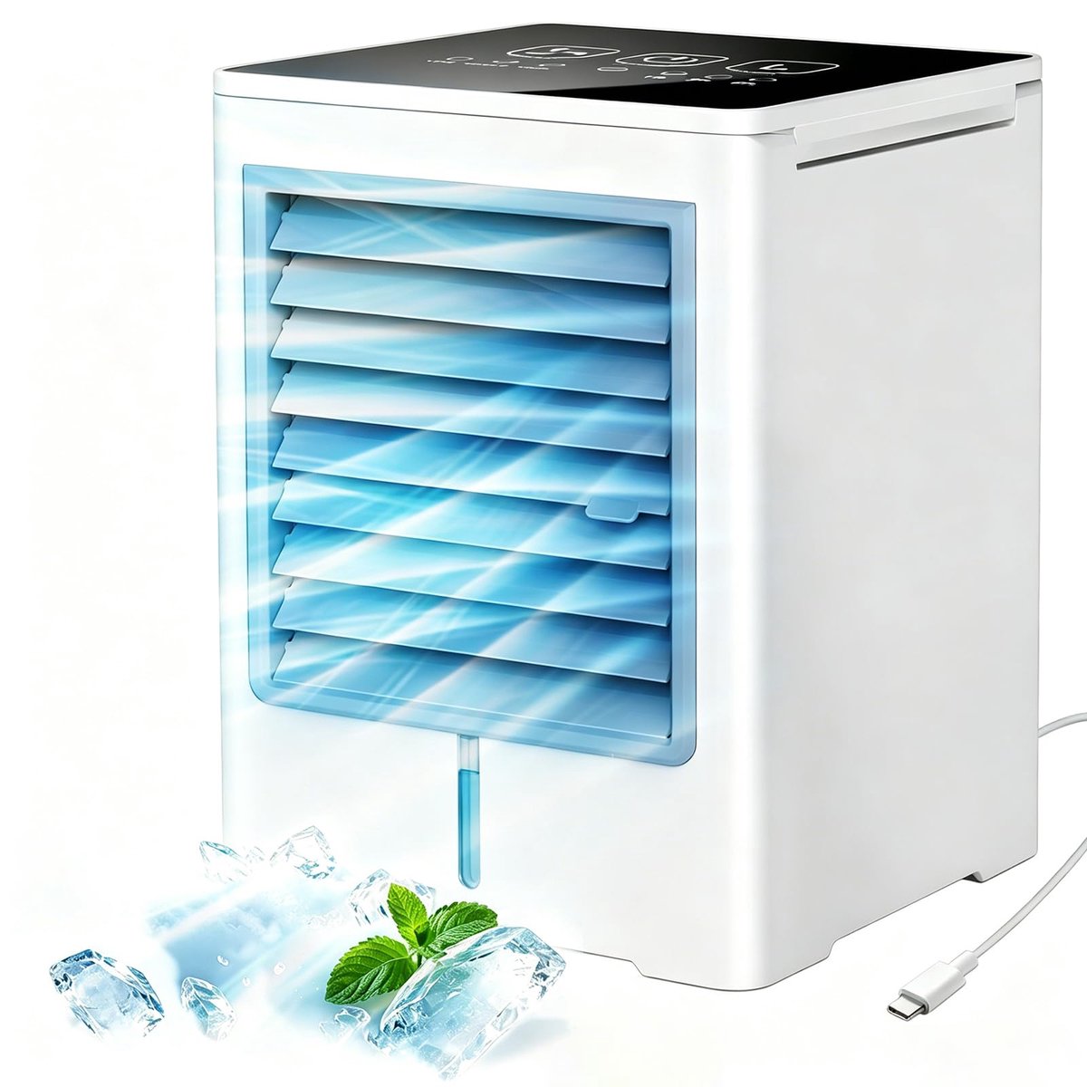 SnelShoppen - Mobiele Airconditioner 3-in-1, USB Luchtkoeler met Water, 470 ml, Draagbare Miniventilator met 3 Snelheden, Timer en Touchscreen voor Sl