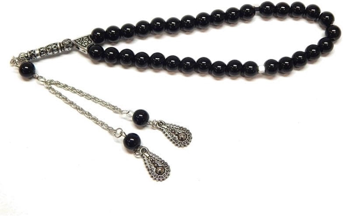 Tespih Misbaha Subha 33 23 cm islamitische moslim gebedsketting, gebedsketting, accessoires, tafeldecoratie, gepolijste halfedelstenen, onyx, zwarte kralen, rond, 8 mm
