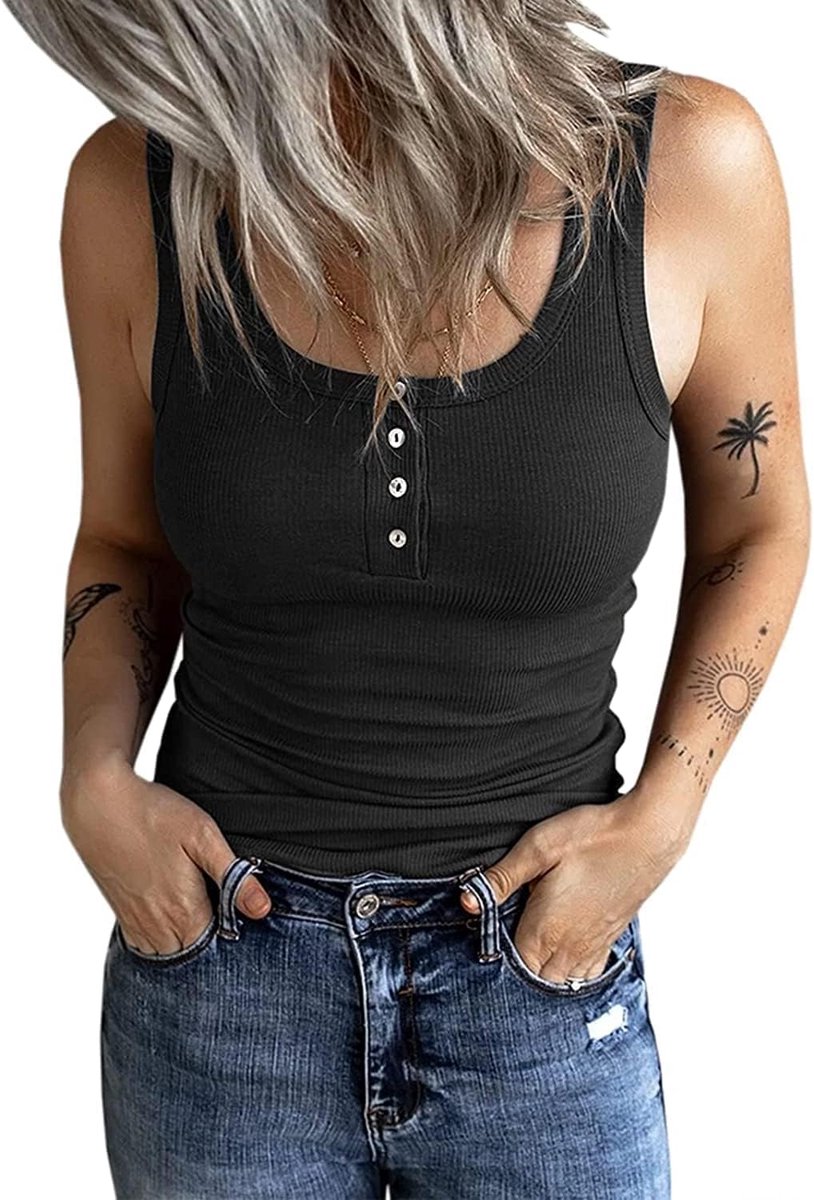 Damestop, slimfit, bovenstuk met knopen, geribbeld, mouwloos, tanktop, casual