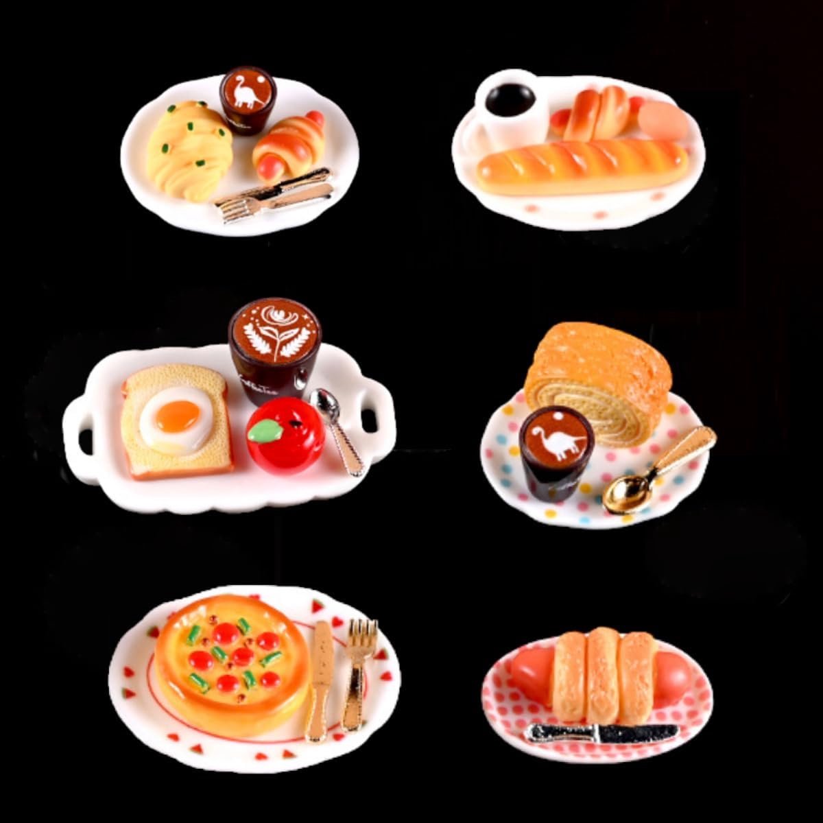27-delige mini-koffiebroodset met bord, lepel, vork, miniatuurtaart, pizza, toast, appel, latte, dessert, mini eten, eten, dranken, mini-scène, decoratie, knutselen (ontbijtset)