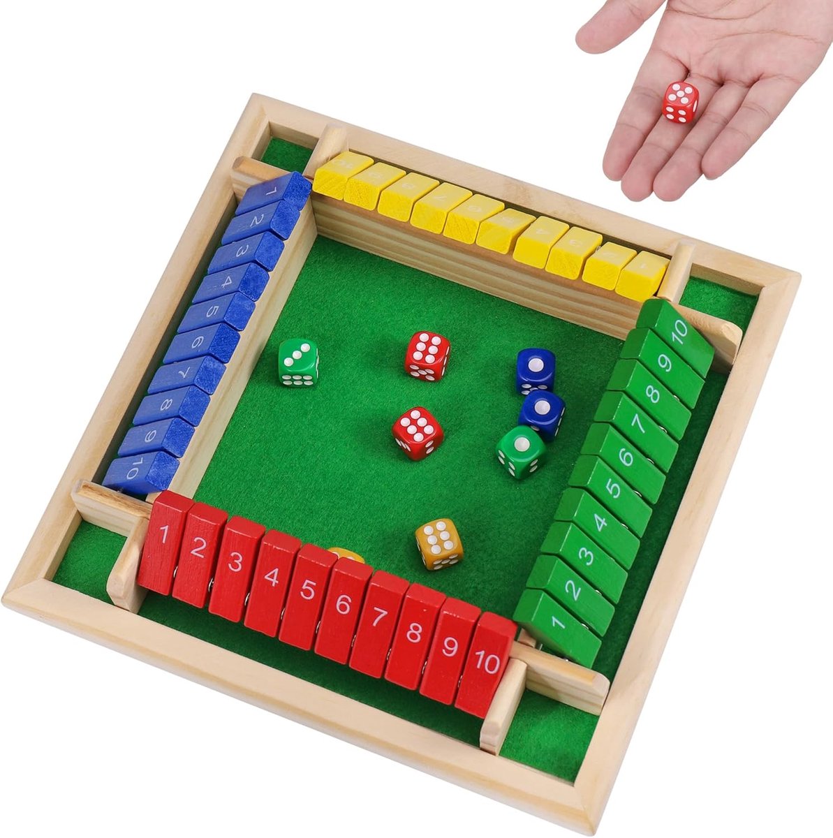 Educatieve Shut The Box Dobbelspel voor 4 spelers, hoogwaardig houten spellen, kleurrijk tactiekspel met 8 dobbelstenen, dobbelspel voor volwassenen en kinderen, wiskunde klapbordspel voor