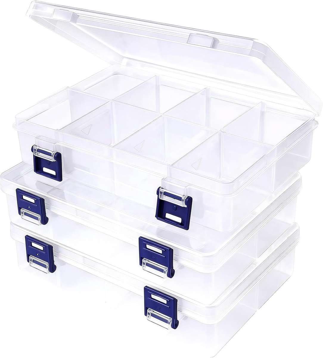 SnelShoppen - 3 Stuks Grote Opbergdozen met Compartimenten, Verstelbare Scheidingswanden, Heldere Plastic Stapelbare Organizer, Dubbele Gesp Transpara