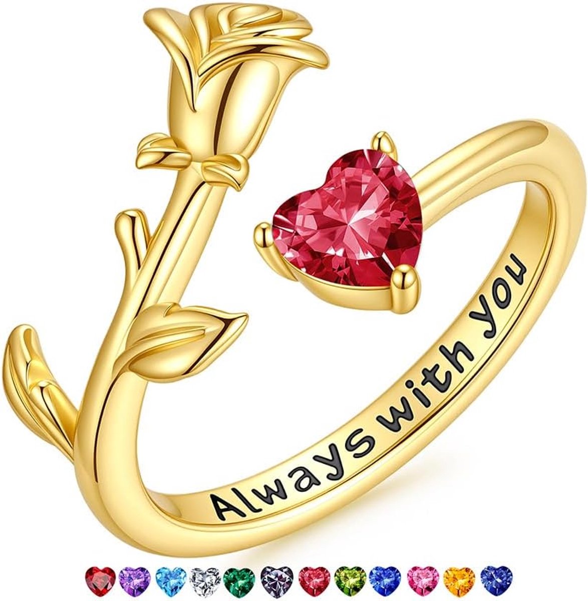 Valentijnsdagcadeaus voor meisjes en vrouwen, verstelbare 14 karaat vergulde hartvormige ring met geboortesteen, delicate rozenring, aanslagbestendige geboortesteen-sieraad, verjaardagscadeau