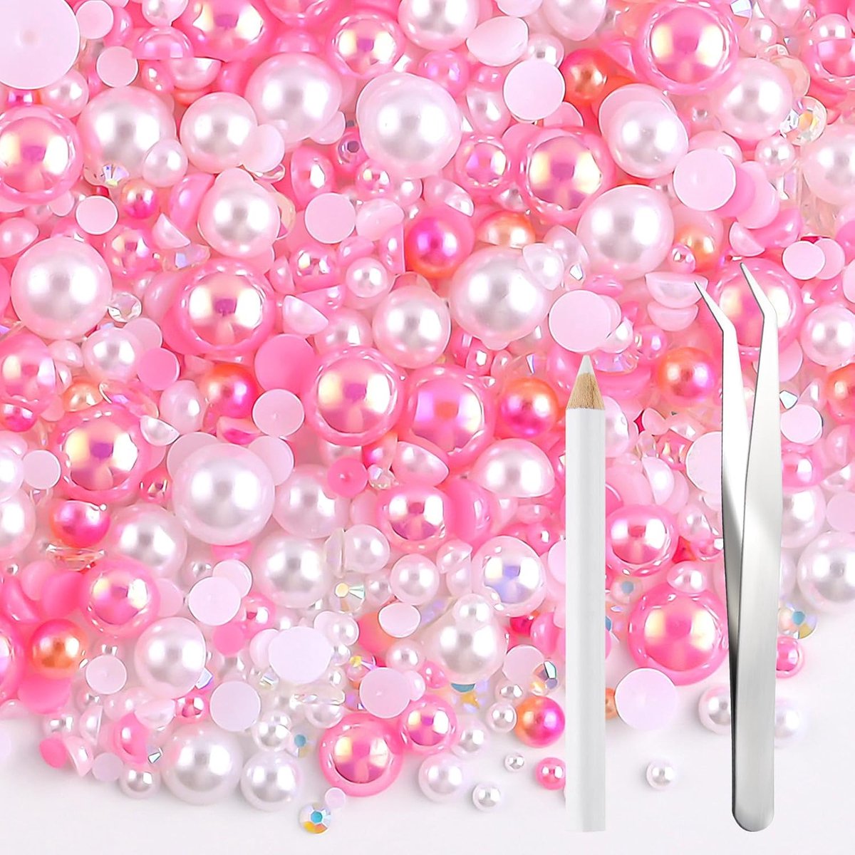 60g Mix Parels en Strass voor Ambachten Flatback Strass Halfrond Gemengde Maat 3mm-10mm Flatback Parels voor Ambachten DIY Nagelkunst Schoenen Kleding Bekers Mugg (Roze Wit)