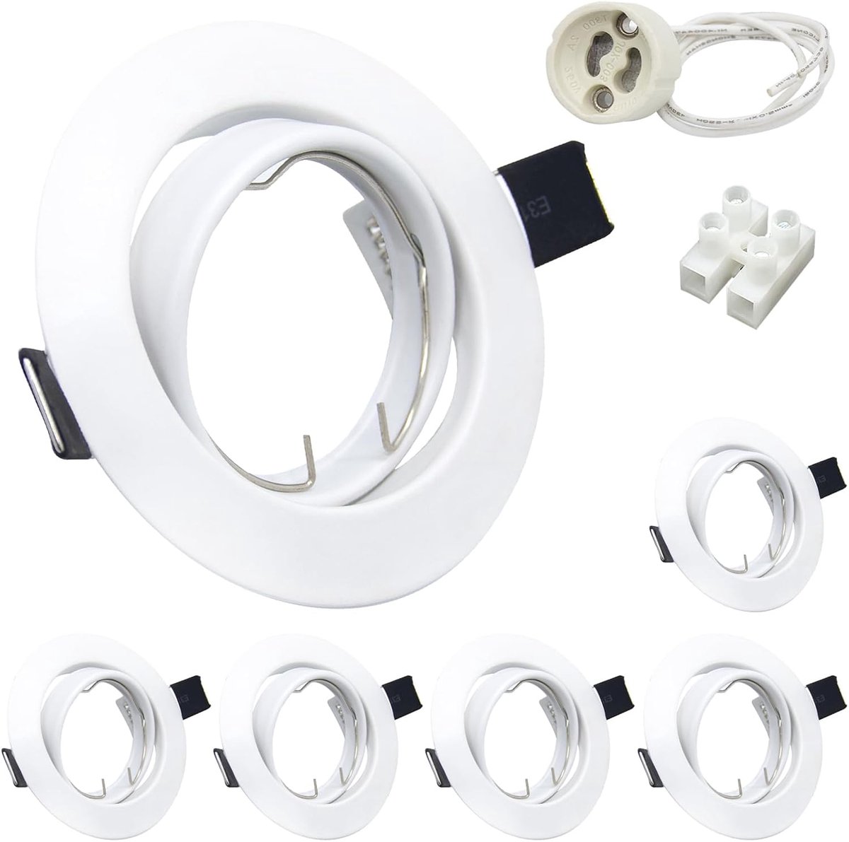 inbouwspot zwenkbaar wit rond inbouwverlichting frame met GU10 Led fittingen van keramiek. 6 stuks inbouwlampframe set