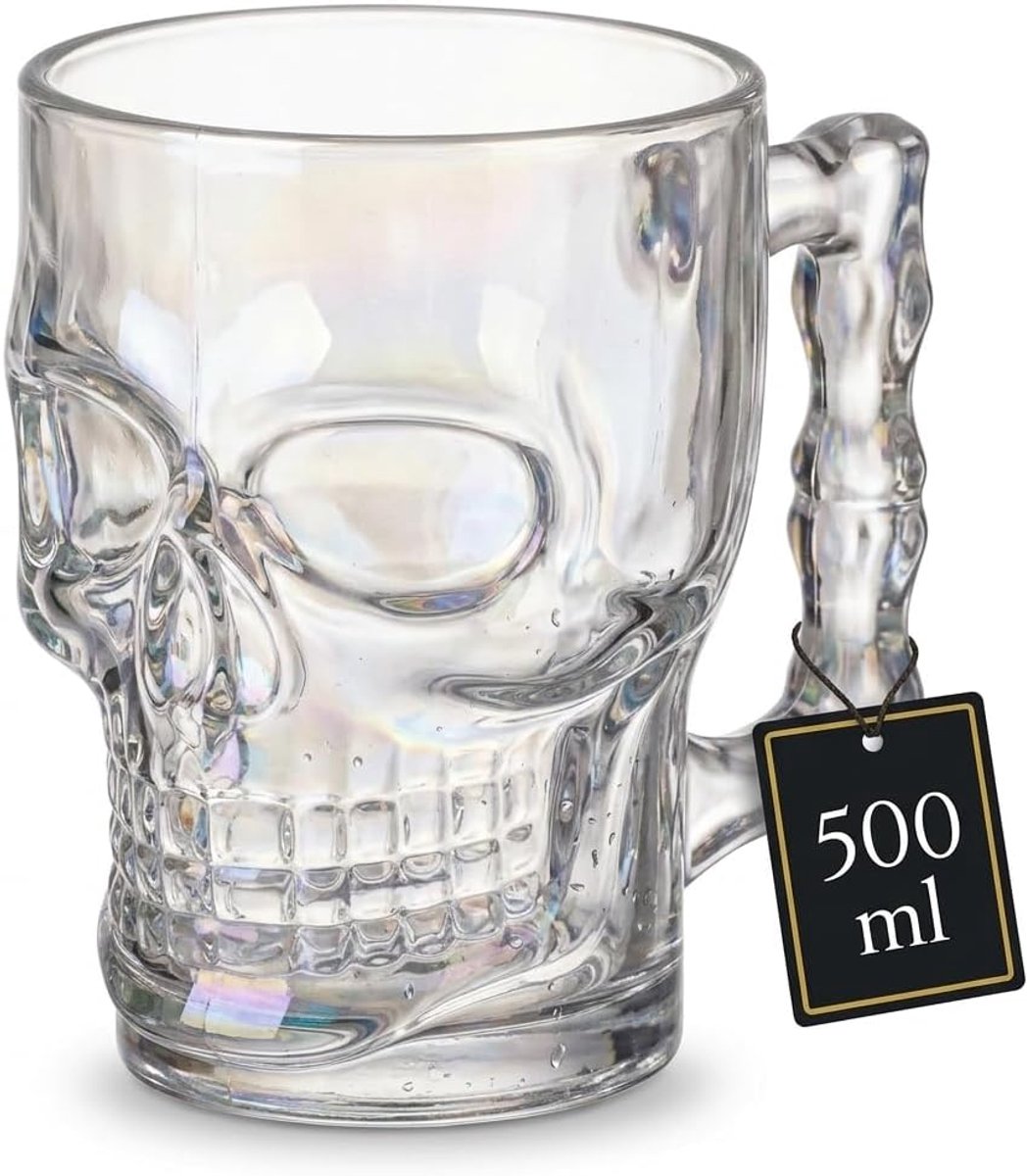 Drinkglas met handvat bierglas henkelglas doodskop doodshoofd skull, voor ca. 500 ml, ca. 9,3 x 7 x 12,5 cm