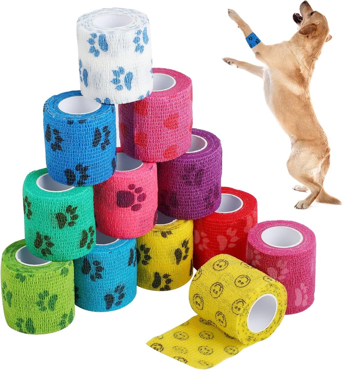 12 stuks zelfklevende verbanden, zelfklevende bandages, elastisch verband zelfklevend voor honden, paarden en andere huisdieren, ideaal voor grip en bescherming van gewrichten, enkels en polsen.