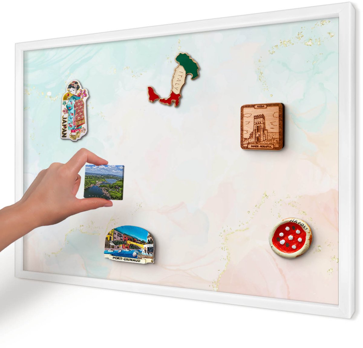 Artprintcave Romig Magneetbord mit Witte Lijst - 60x40 cm - Pastel Elegantie Magneetbord Voor Foto's - Waterverf Magneet Bord mit Frame - Abstractie
