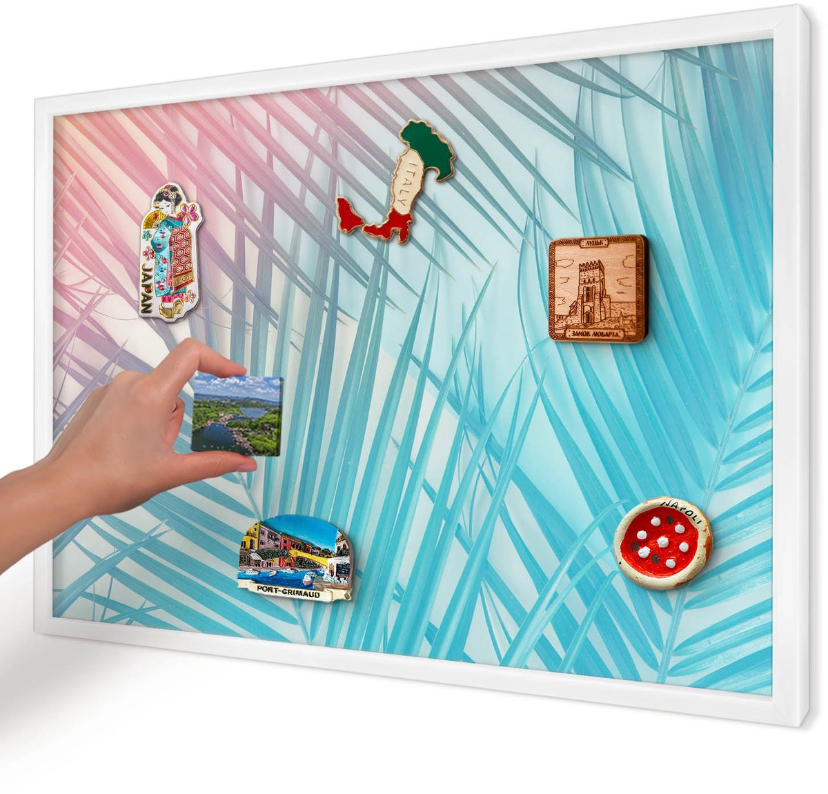 Artprintcave Turkoois Magneetbord mit Witte Lijst - 60x40 cm - Tropische Elegantie Wandbord Magnetisch - Abstract Notitiebord - Bloemen En Planten