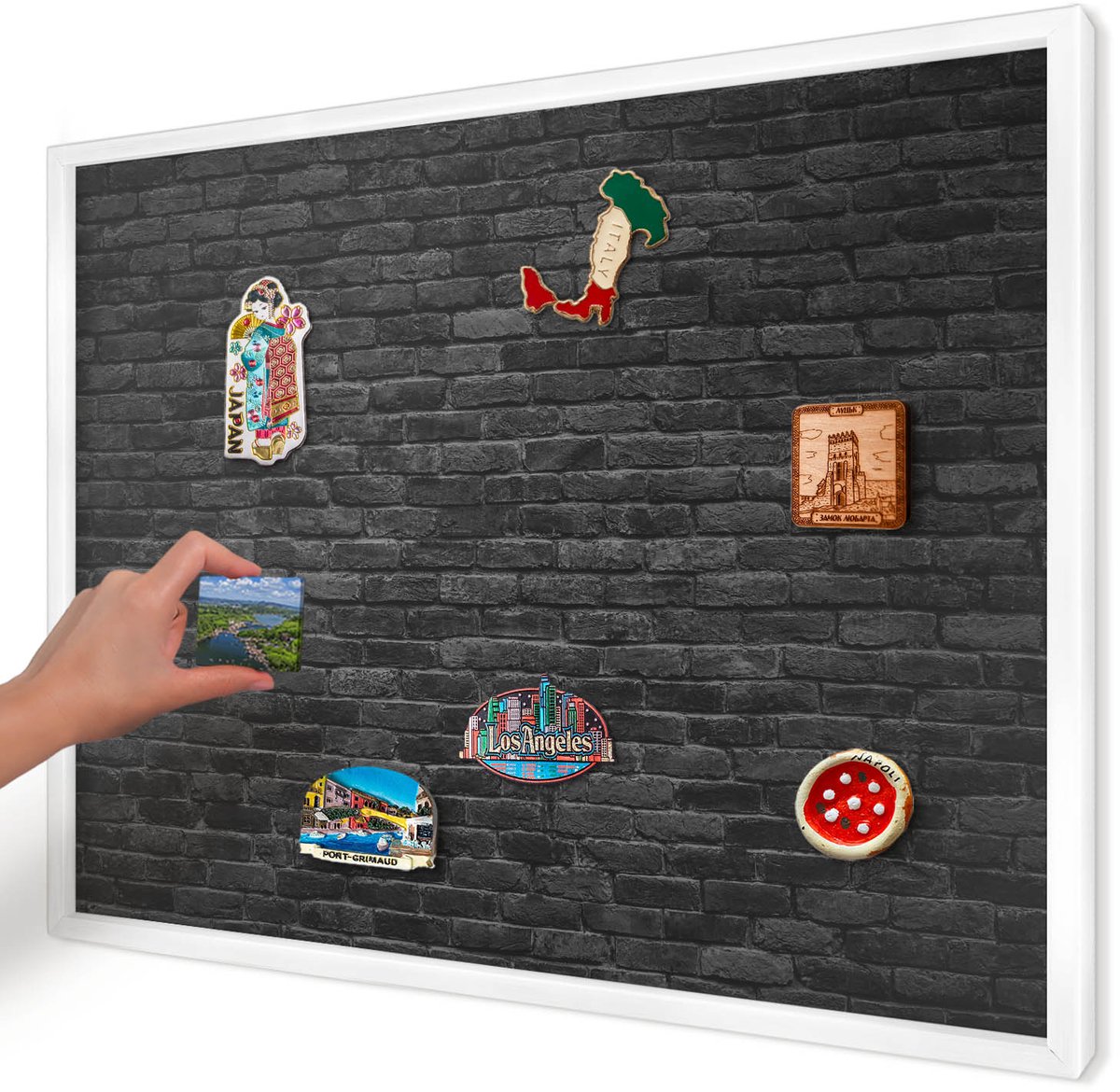 Artprintcave Zwart Magneetbord mit Witte Lijst - 70x50 cm - Bakstenen Muur Wandbord Magnetisch - Industrieel/Loft Magneet Bord mit Frame - Texturen