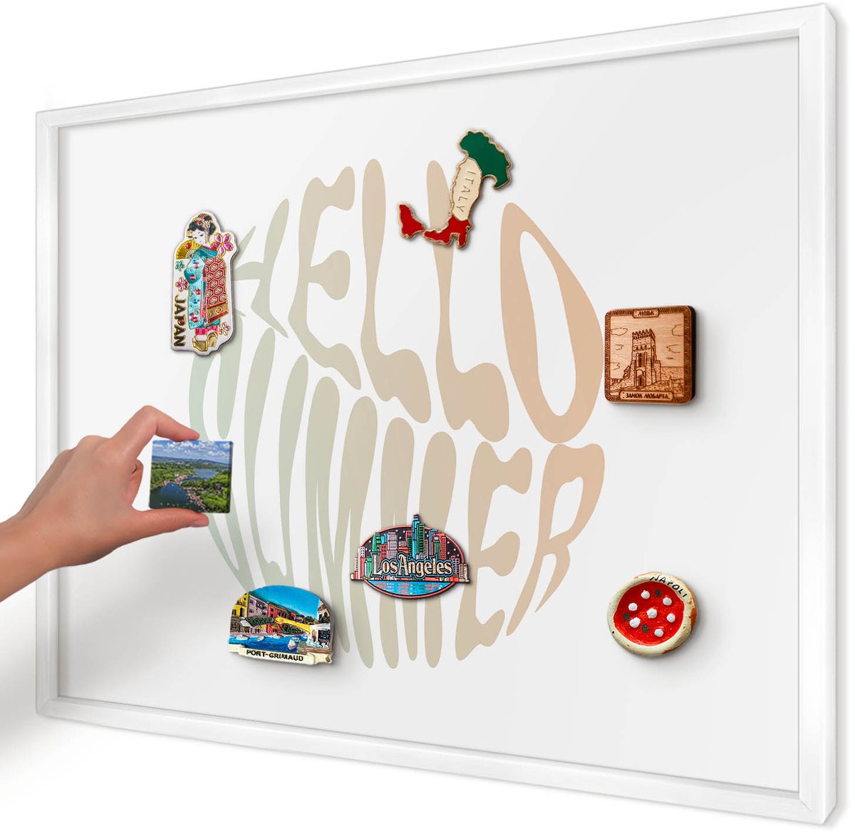 Artprintcave Wit Magneetbord mit Witte Lijst - 70x50 cm - Hallo Zomer Magnetisch Bord Voor Magneten - Typografisch Magneet Bord mit Frame - Texturen