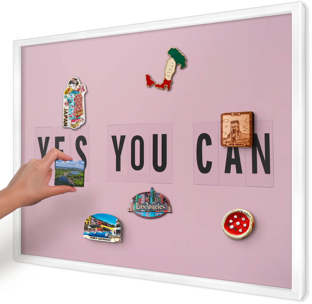 Artprintcave Roze Magneetbord mit Witte Lijst - 70x50 cm - Motivatie Elke Dag Memobord Keuken - Minimalist Magneetbord Voor Keuken - Teksten