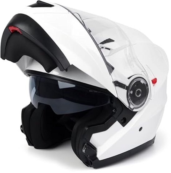 Witte systeemhelm met omhooggeklapt vizier en donker zonnevizier.