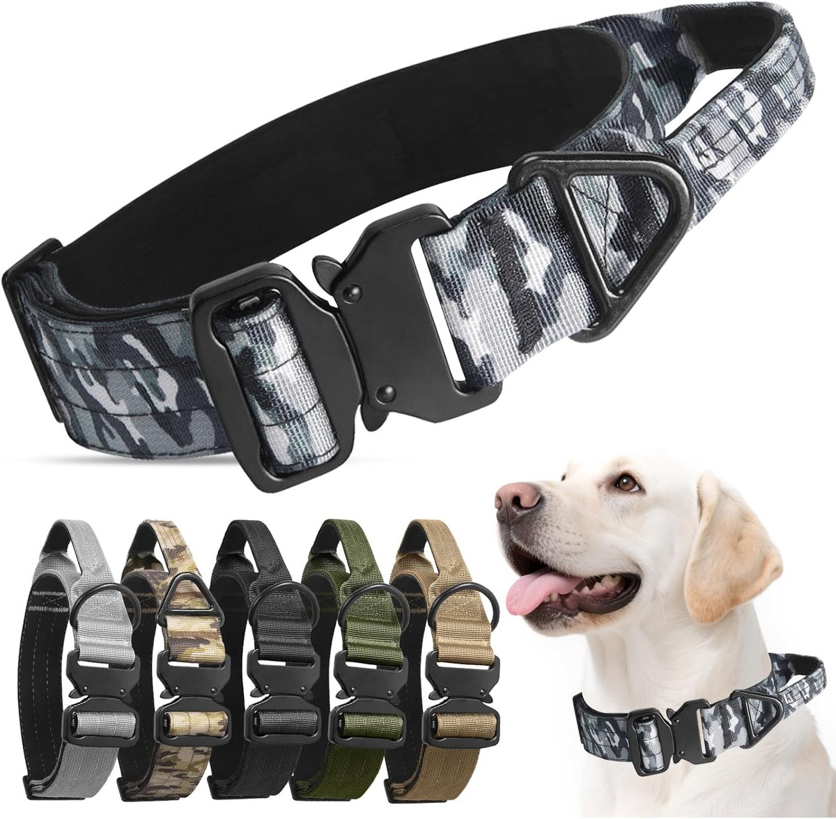 SnelShoppen - Tactische hondenhalsband met handvat, verstelbare militaire hondenhalsband van nylon met metalen gesp, gevoerd, voor middelgrote en grot