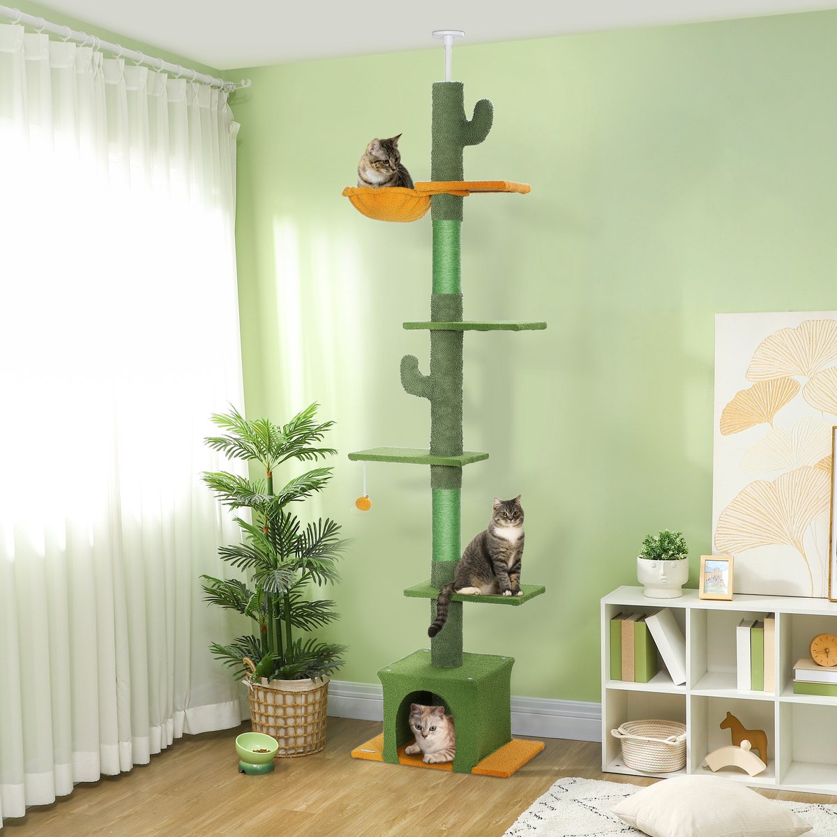 DESMIU Krabpaal – Verstelbaar 230-275 cm – Polyester – Groen – Met Kattenhuis, Hangmat En Speelbal – Dekenhoog En Ruimtebesparend
