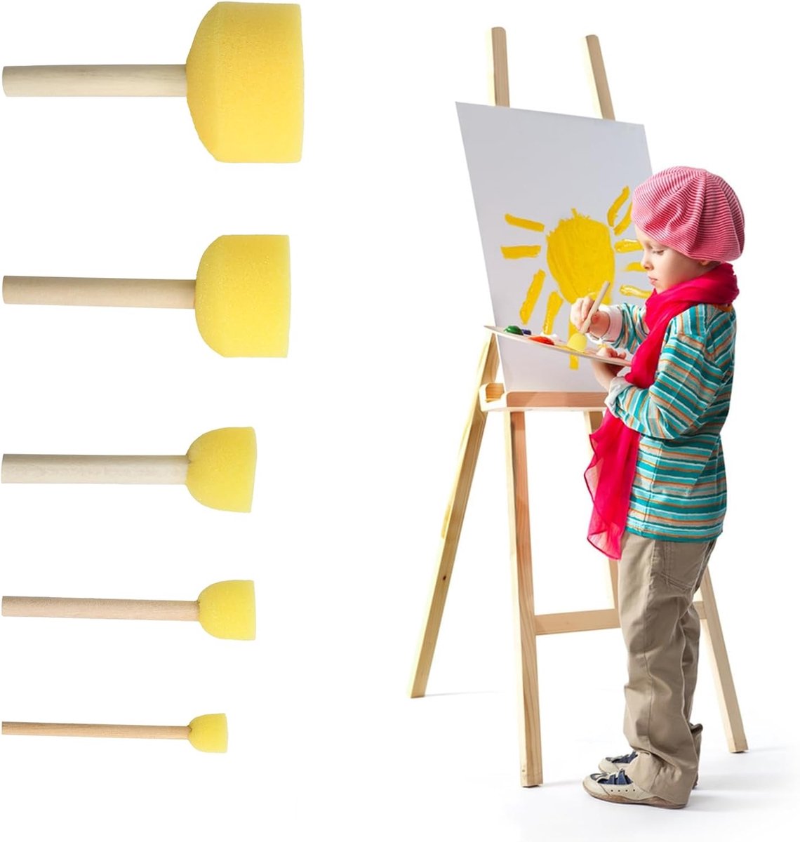 5pcs Foam Brushes, Round Yellow Sponges Brush Set, Sponge Stippler Paint Tools with Wooden Handle, Washable Paint - ShopVlot