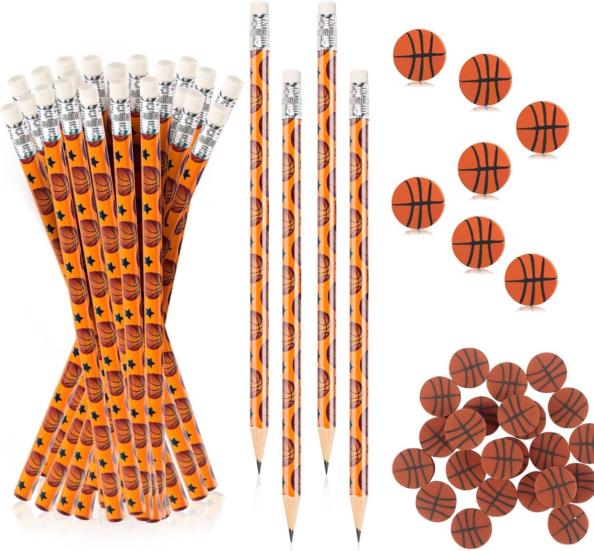 SnelShoppen - Basketball Party Geschenken, 48-delige Set met Potloden en Gummetjes, Perfect voor Verjaardagsfeestjes, Sport Set voor Kinderen, Meisjes