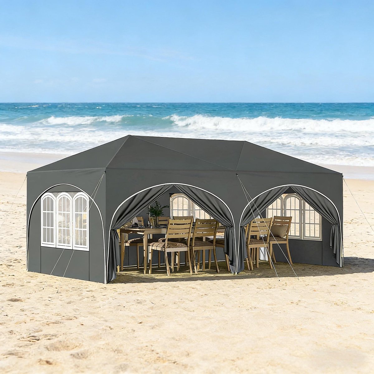 WOLTU Partytent Paviljoen 583 X 293 X 265 Cm Metaal Oxford Stof Grijs 6 Zijwanden Waterafstotend Uv Bescherming Opvouwbaar