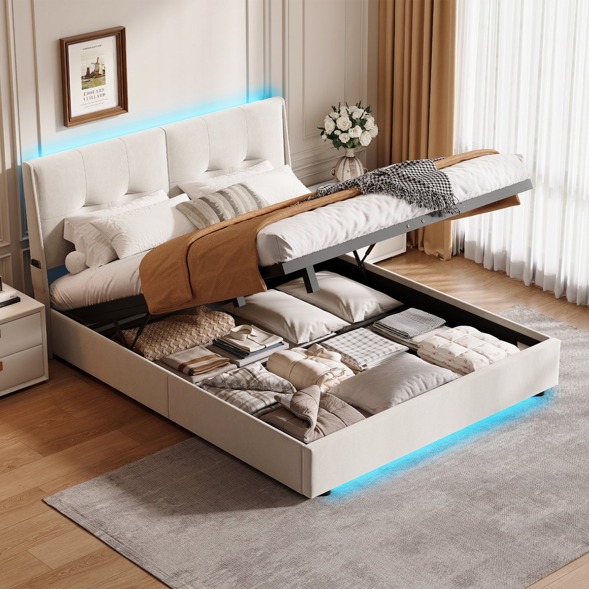 Volwassen bed tweepersoonsbed 140x200 cm, opbergbed met gasveer en led verlichting, gestoffeerd fluwelen bed met zijvakken en beige bekleding, zonder matras