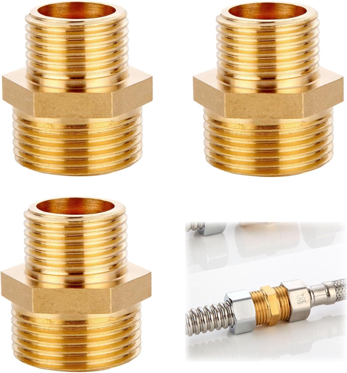 SnelShoppen - 3 Stuks Messing Verkleiningsnippels, Dubbele Messing Nippel Verkleind van 1/2 naar 3/4 Inch, Messing Mannelijk Draad, Geschikt voor Drin