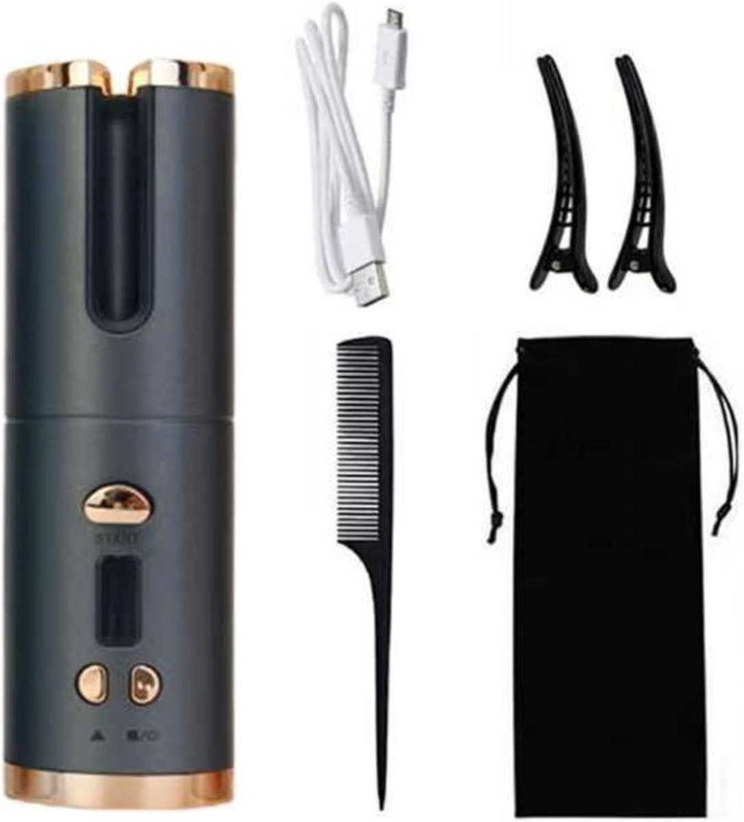 Mini-krultang, oplaadbare draadloze krultang, automatische golfplaat, automatische krultang, handsfree, temperatuurregeling met 6 snelheden （zwart goud）