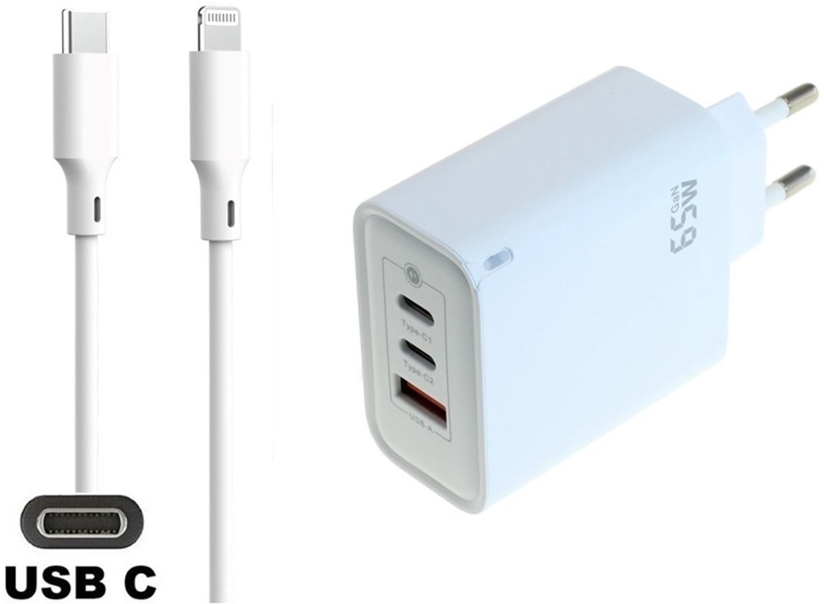 65W super snellader met 3 poorten en screenprotector. Oplader met sterke 1,5m USB C naar Lightning kabel. PPS GaN PD lader adapter. Glazen screenprotector past op Apple iPhone 13 Pro Max & iPhone 14 Plus