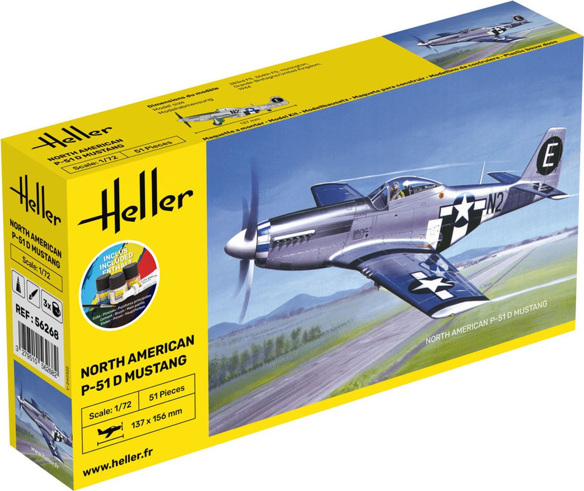 Heller Modelbouwpakket Vliegtuigen - 56268 North American P-51D Mustang - Amerikaans Jachtvliegtuig - Starter Kit Plastic - 1:72 - Modelbouw