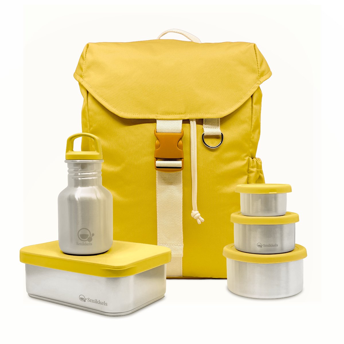 Smikkels - Startset basisschool - Schoolset Daily Wander Basic Geel - Rugzak - RVS lunchbox - drinkfles - fruitbakjes - kinderen